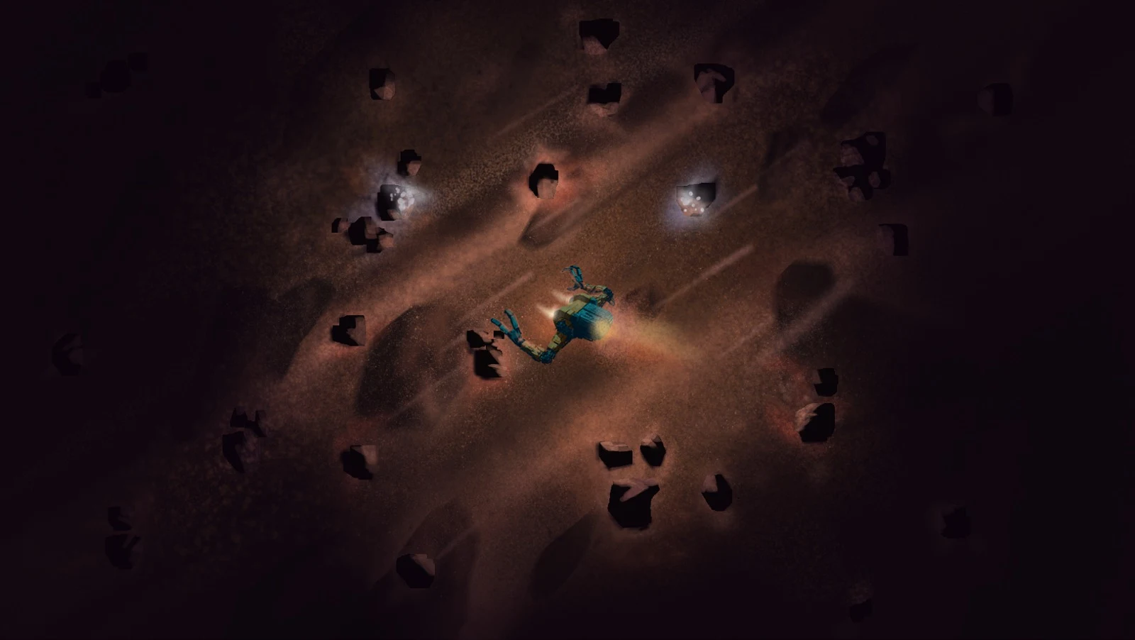 A mining vessel exploring a dark asteroid field in Ore Die Trying